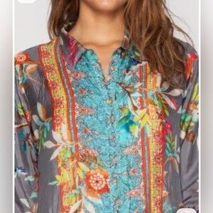 Johnny Was Large button down pure silk blouse whimsical hummingbird flowers